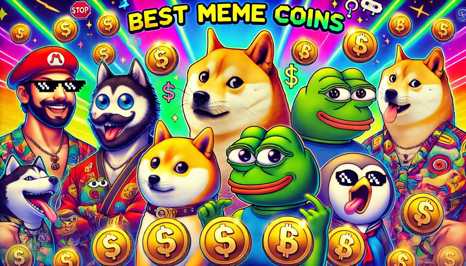 DALL·E 2025 03 17 14.57.20 A vibrant colorful meme collage featuring popular meme coin characters su
