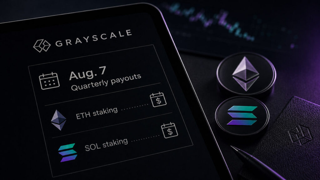 Grayscale is setting up a quarterly cash showdown between Ethereum and Solana staking grayscale august 7 staking payouts purple teal