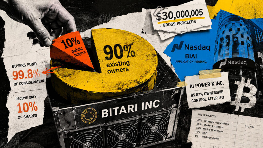 Bitcoin miner IPO demands 99.8% of funds from public buyers while handing them just 10% equity bitari ipo equity split